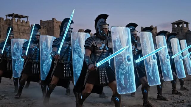 Roman soldiers in advanced armor and helmets forming a protective testudo formation with glowing blue energy shields and swords guarding against a digital threat in a desert landscape