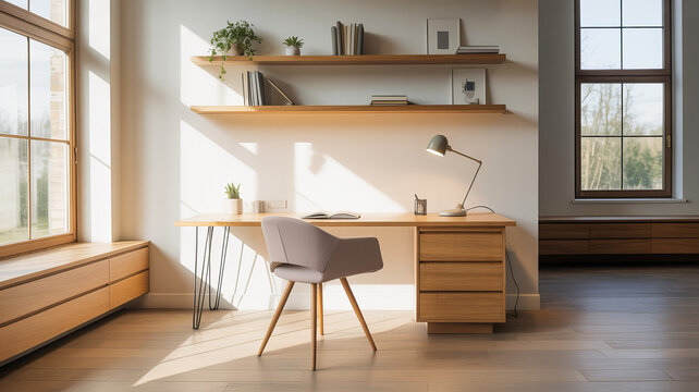 Inviting home office setup with warm sunlight, wooden desk, and modern chair, perfect for study, remote work, or creative projects in a stylish space