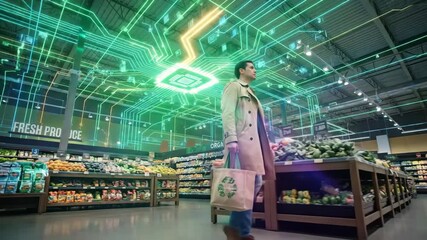 Man in trench coat walks a modern supermarket aisle with reusable bag as glowing circuit-board network overlays the scene, symbolizing ai-driven smart retail and data-powered shopping - Powered by Adobe