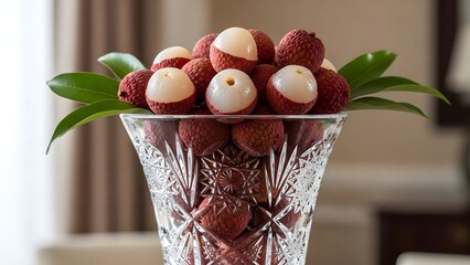 Elegant Crystal Vase Filled with Ripe Lychee Fruits and Green Leaves in Indoor Setting