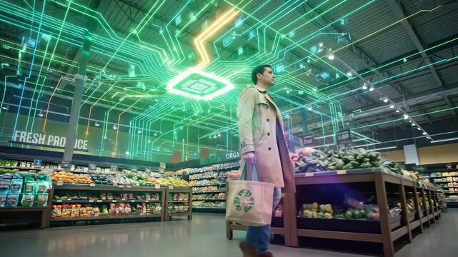 Man in trench coat walks a modern supermarket aisle with reusable bag as glowing circuit-board network overlays the scene, symbolizing ai-driven smart retail and data-powered shopping