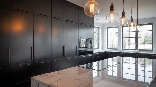 Modern black kitchen featuring a marble island, pendant lights, and large windows offering a sleek and sophisticated cooking space for culinary enthusiasts