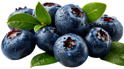 Fresh blueberries glistening with water droplets, a healthy snack ready to enjoy now on transparent background