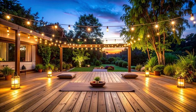 Serene Evening Yoga Retreat Outdoor Wooden Deck with Lights and Cushions for Meditation and Relaxation at Dusk. - Powered by Adobe