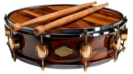 Elegant wooden snare drum with polished chrome accents and wooden drumsticks resting on transparent background