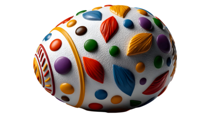Delightful Easter egg adorned with colorful leaves and dots for festive spring holiday on transparent background