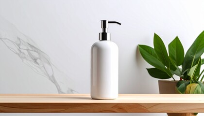 Fototapeta premium Minimalist White Pump Bottle Mockup for Beauty or Health Product Display with Natural Elements.