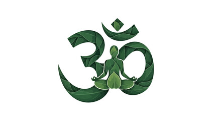 A serene Om symbol formed by green leaves, with a meditating figure at its center.