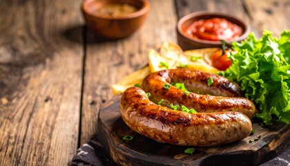 Grilled sausages with fresh lettuce and tomato sauce on dark wooden board rustic style delicious dish for restaurant menu.