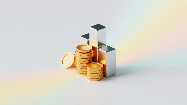 Golden coins and silver bar graph show financial growth and success, perfect for investment planning, stocks, and wealth management campaigns