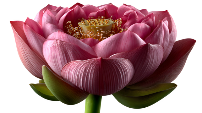 Stunning pink lotus flower blooming gracefully in full blossom, perfect for spa designs on transparent background