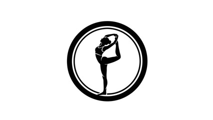 Black silhouette of a woman performing a yoga pose, specifically the Dancer Pose (Natarajasana), inside a circular frame on a white background.