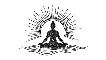Silhouette of a person meditating in lotus position with sunburst background over water.