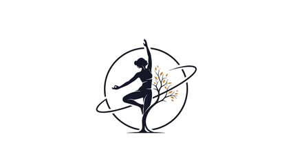 Silhouette of a woman in a yoga pose with a tree and circular design.