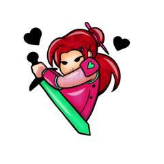 Cute Pink Warrior Girl with Sword and Hearts, Chibi Style Vector Illustration