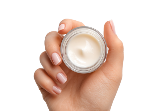 Moisturizing cream in hand with soft pink nails isolated on transparent background - Powered by Adobe