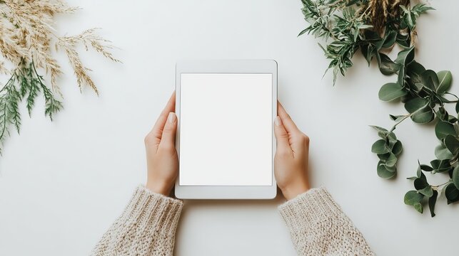 Hands holding white tablet mockup style isolated on white background