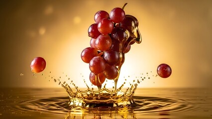 Grapes Splash in Golden Liquid with Honey Drizzle in Elegant Composition
