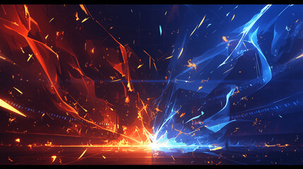 赤と青のエネルギーが衝突する対決の背景、スタジアムの照明と稲妻のエフェクト