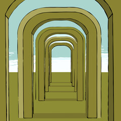 A series of arches leading to a bright horizon