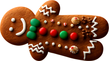 Delicious gingerbread man cookie beautifully decorated ready for the holiday season fun on transparent background
