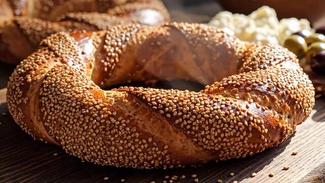 Golden Sesame Simit Bread on Wooden Board with Olives and Cheese under Soft Light Focus