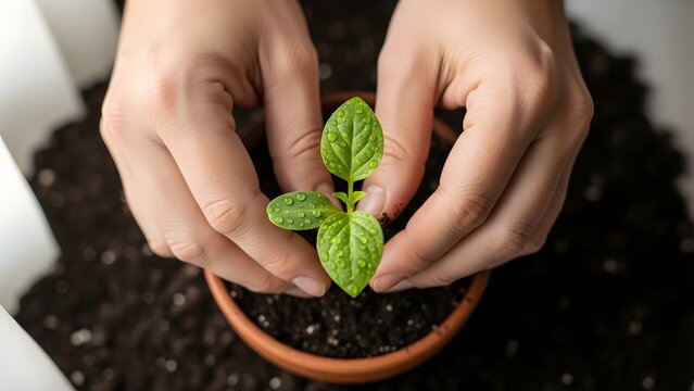 Closeup of hands carefully planting a small green seedling into a terracotta pot filled with dark soil, symbolizing growth and new beginnings