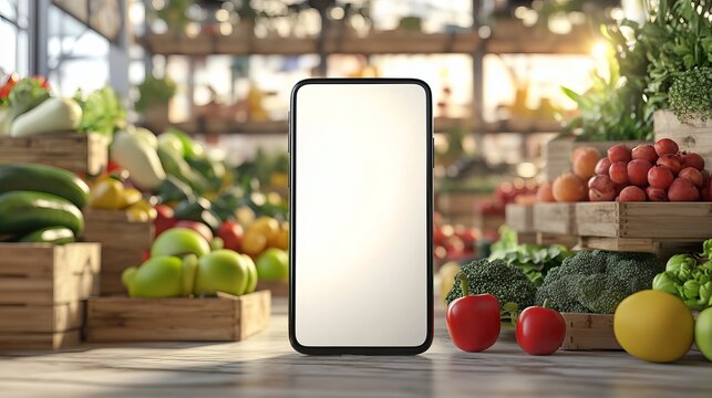 white Blank screen phone float in front center Blurred background fresh fruit and vegetable shelves at the market isolated on white background
