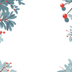 A minimalist winter foliage frame with soft blue leaves and bright red berries decorates the corners, leaving a clean empty space in the center for text or design.