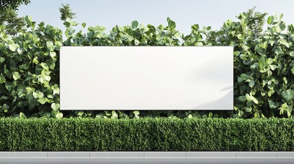 Blank white billboard surrounded by lush greenery and a paved path