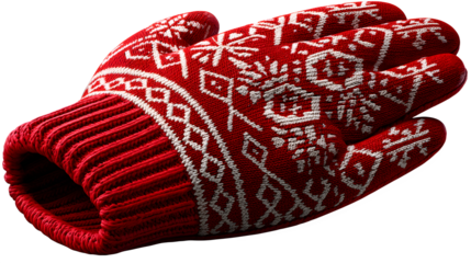 Warm knitted winter mitten with snowflake pattern for cozy winter holiday designs on transparent background