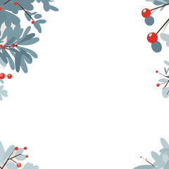 A clean horizontal winter foliage frame featuring soft blue leaves and bright red berries arranged in the corners, leaving an open center space for text or design.