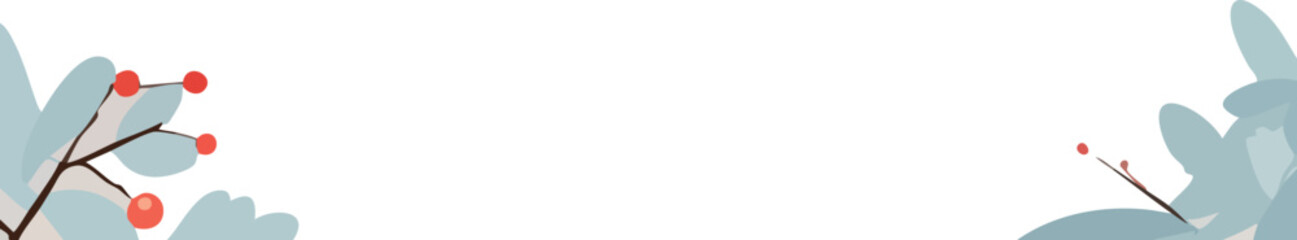 A soft botanical horizontal border with pale blue leaves, brown stems, and clusters of red berries framing the top and bottom edges against