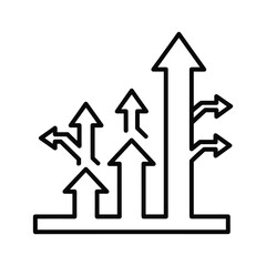 Black and white line icon showing multiple arrows indicating growth and choice isolated on