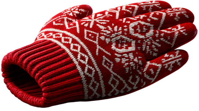 Warm knitted winter mitten with snowflake pattern for cozy winter holiday designs on transparent background