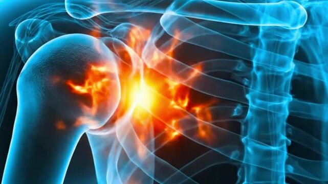 Shoulder joint pain with visible ribs and spine in x ray style anatomical illustration