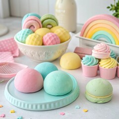 Array of colorful sweets and desserts on a light background