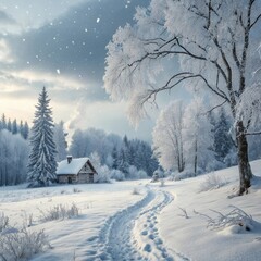 Winter landscape with snow-covered trees and cabin on soft background