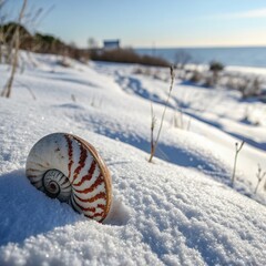 Beautiful nautilus shell partially buried in the snow near the ocean