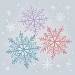 Three colorful snowflakes on soft gray background with falling snow