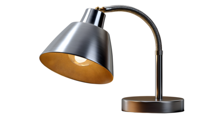 Sleek metal desk lamp illuminates workspace, perfect for study, tasks, or ambient light on transparent background