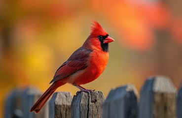 Red cardinal bird perches on weathered wood fence post. Male cardinal stands against colorful blurred autumn foliage. Fall leaves show vibrant orange, yellow, red hues. Bird watches environment.