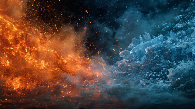 燃え盛る炎と凍りつく氷の激しい衝突、火花と氷晶が飛び散る対決の背景
