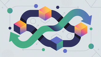 Modern business workflow with gradient cubes and arrows showing process management, perfect for illustrating agile methodology and creative solutions