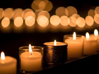 Row of Candles Burning in Dark Atmosphere with Warm Glow and Bokeh Lights for Cozy and Calm Mood