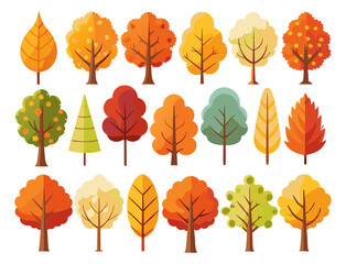 Obraz premium Grid layout of twenty unique stylized autumn trees in various colors and shapes.Set,collection,bundle.Isolated transparent background ( include cut-out PNG file )