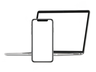 Modern smartphone and laptop displaying blank screens minimalist tech setup transparent background
