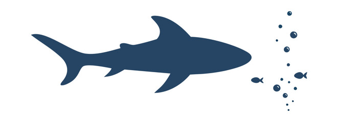 Obraz premium Navy blue shark silhouette small fish bubbles sea ocean life isolated transparent background ( include cut-out PNG file )