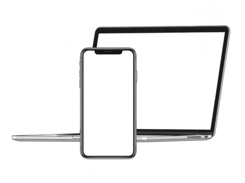 Modern smartphone and laptop displaying blank screens minimalist tech setup transparent background