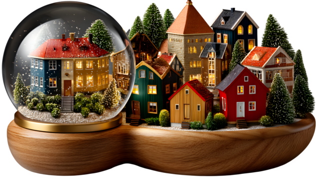 Enchanting snow globe village with cozy, illuminated houses evoking festive winter cheer on transparent background